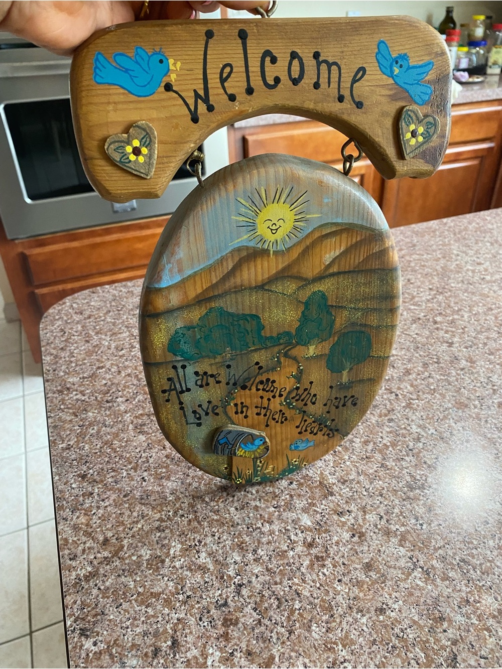 Hand-Painted Wooden Welcome Wall Hanging — Blue and Brown